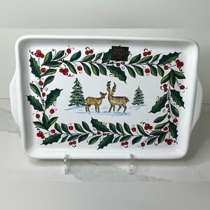 Nova Deruta Christmas Rectangle Serving Tray Trees Reindeer & Holly Trim 13.5"
